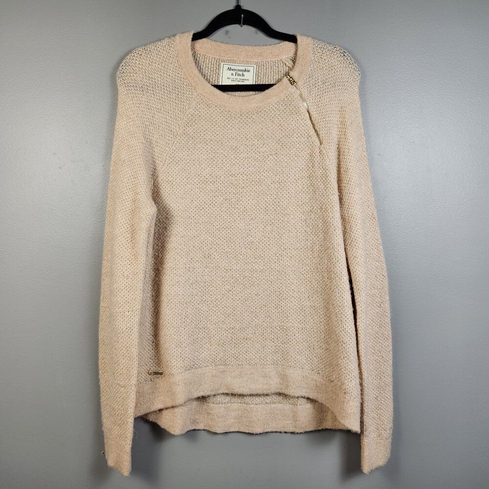 Abercrombie & Fitch‎ Womens Medium Knit Sweater Metallic Zip Detail Pink Gold